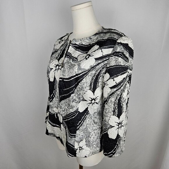 Joseph Ribkoff Floral Black White Jacket Crinkle Size 8 Jewel Zip Pull - Picture 3 of 11